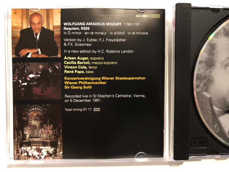 Mozart - Requiem, KV 626 / Recorded live in Vienna to commemorate the 20th anniversary of Mozart's death / Sir Georg Solti / Auger, Bartoli, Cole, Pape / Konzertvereinigung Wiener Staatsopernchor / Decca Audio CD 1992 Stereo / 433 688-2