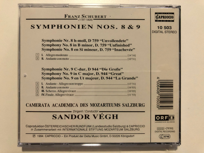 Schubert: Symphonien Nos. 8 & 9 ''Unvollendete, Unfinished, Inachevee'' / Sándor Végh, Camerata Academica Salzburg / Capriccio Audio CD 1994 Stereo / 10 503