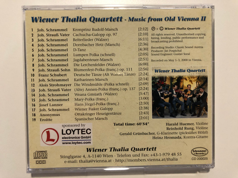 Wiener Thalia Quartett - Musik aus dem Alten Wien II = Music from Old Vienna II / Wiener Schrammelmusik = Musique viennoise / Schrammel Records Audio CD / CD 200025