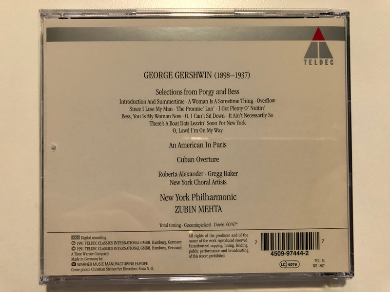 Gershwin - An American in Paris, Porgy and Bess Suite, Cuban Ouverture / Roberta Alexander, Gregg Baker / New York Philharmonic, Zubin Mehta / Teldec Audio CD 1991 Stereo / 4509-97444-2