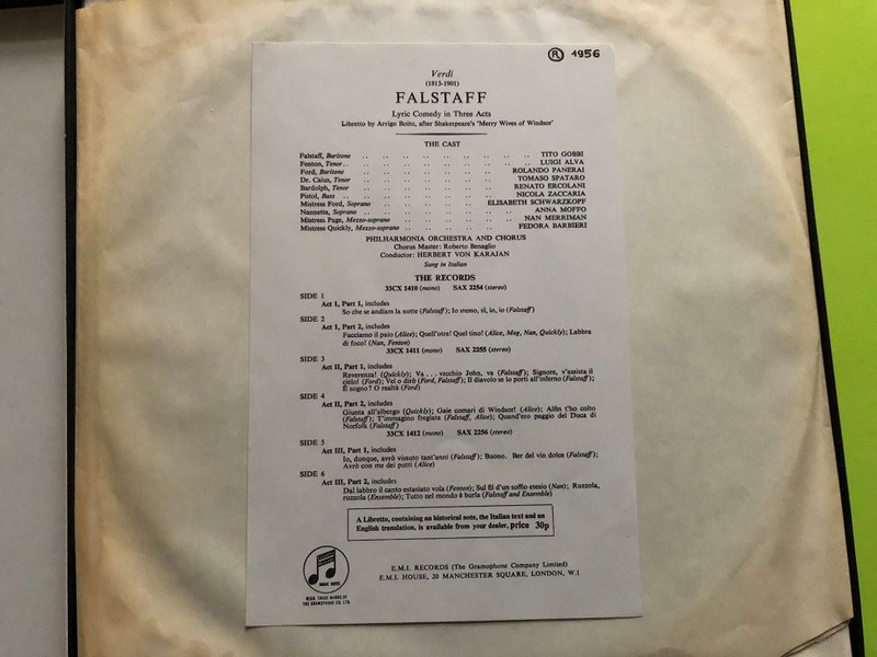 Verdi - Falstaff / Tito Gobbi, Luigi Alva, Rolando Panerai, Tomaso Spataro, Renato Ercolani, Nicola Zaccaria, Elisabeth Schwarzkopf, Anna Moffo, Nan Merriman, Fedora Barbieri / Philharmonia Orchestra And Chorus / Columbia 3x LP Stereo / SAX 2254-2256