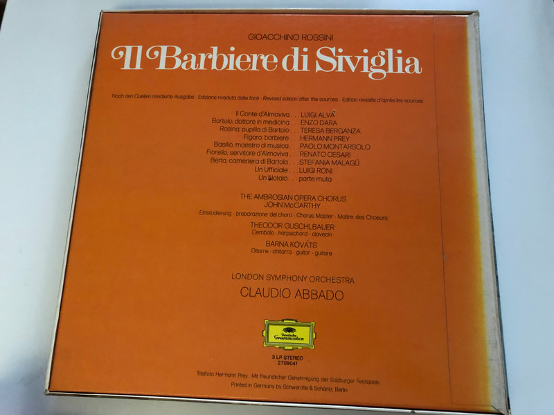 Gioacchino Rossini: Il Barbiere Di Siviglia / Hermann Prey / Teresa Berganza, Luigi Alva, Enzo Dara, Paolo Montarsolo, London Symphony Orchestra, Claudio Abbado / Deutsche Grammophon 3x LP Stereo / 2709041