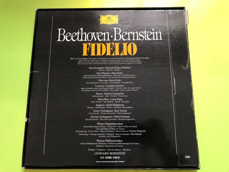 Beethoven, Bernstein: Fidelio / Gundula Janowitz, Lucia Popp, René Kollo, Hans Sotin, Dietrich Fischer-Dieskau, Manfred Jungwirth, Adolf Dallapozza / Chor der Wiener Staatsopernchor / Deutsche Grammophon 3x LP Stereo / 2740 191
