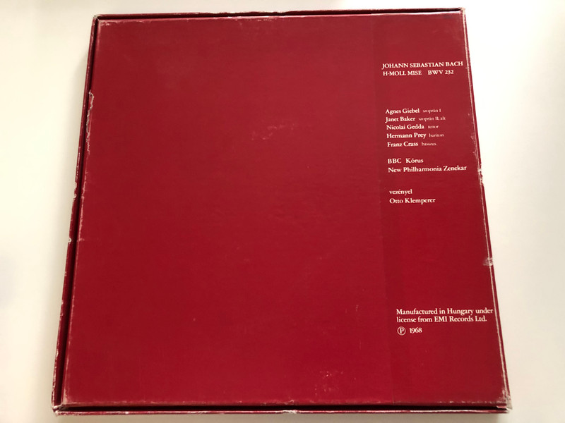 Bach: H-Moll Mise / Agnes Giebel, Janet Baker, Nicolai Gedda, Hermann Prey, Franz Crass / BBC Korus, New Philharmonia Zenekar, Otto Klemperer / Hungaroton 3x LP 1981 Stereo / SLPXL 12349-51