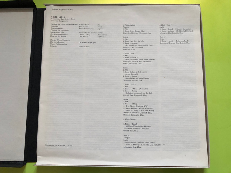 Richard Wagner – Lohengrin / Jess Thomas, Elisabeth Grümmer, Dietrich Fischer-Dieskau, Christa Ludwig, Gottlob Frick, Chor der Wiener Staatsoper / Wiener Philharmoniker, Rudolf Kempe / EMI Records 5x LP Stereo / 826 995-999