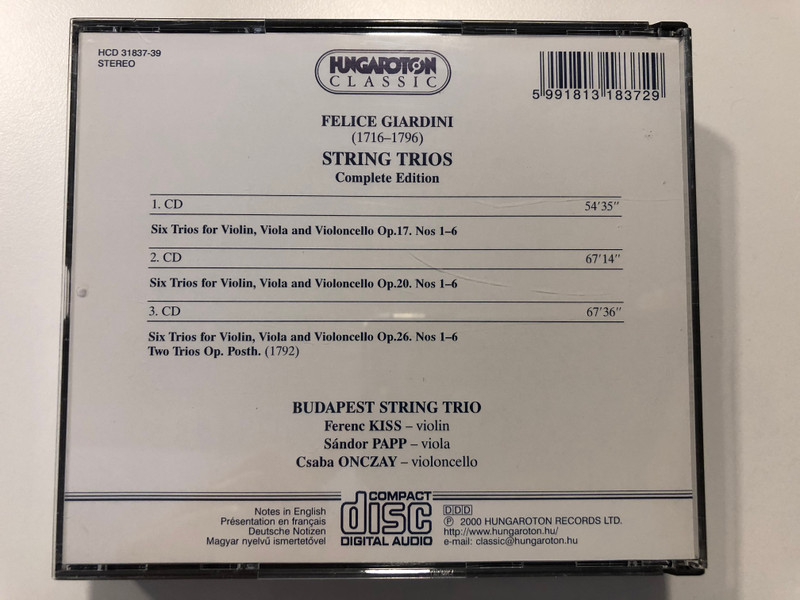 Felice Giardini: Trios Complete / Budapest String Trio / Hungaroton Classic 3x Audio CD 2000 Stereo / HCD 31837-39