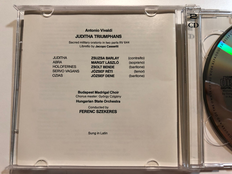 Vivaldi: Juditha Triumphans (oratorio) / Zsuzsa Barlay, Margit Laszlo, Zsolt Bende, Jozsef Reti, Jozsef Dene / Budapest Madrigal Choir, Hungarian State Orchestra, Ferenc Szekeres / Classical Diamonds 2x Audio CD 1996 Stereo / CLD 4022-23