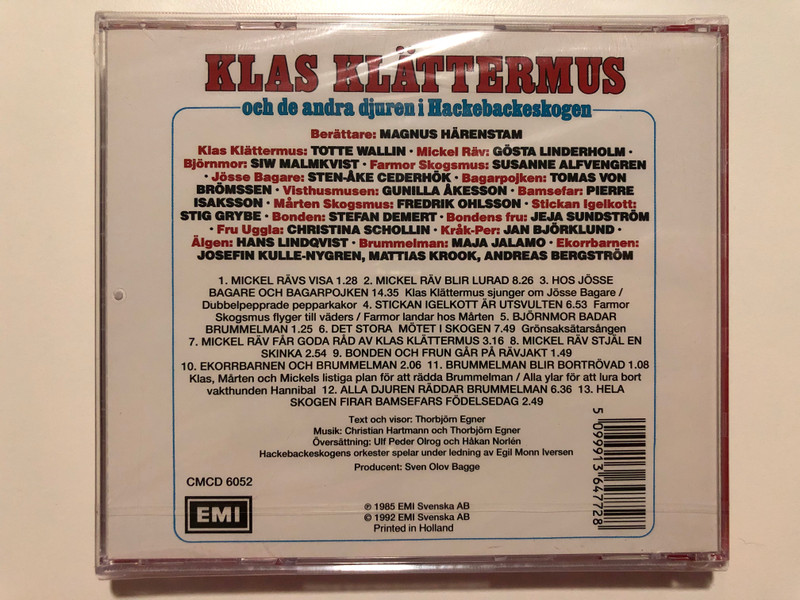 Klas Klättermus Och De Andra Djuren I Hackebackeskogen / Thorbjørn Egners Sagospel / EMI Svenska AB Audio CD 1992 / CMCD 6052