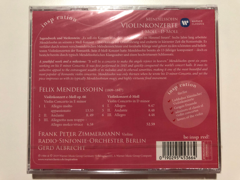 Mendelssohn - Violin Konzerte: E-Moll, D-Moll / Inspiration / Zimmermann, RSO Berlin, Albrecht / Warner Classics Audio CD 2019 / 0190295453664