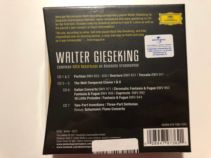 Walter Gieseking – Complete Bach Recordings On Deutsche Grammophon / Deutsche Grammophon 7x Audio CD 2017 Mono, Box Set / 00289 479 7362