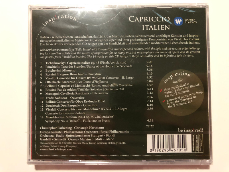 Capriccio Italien - Tchaikowsky, Bellini, Boccherini, Mendelssohn, Puccini, Rossini, Verdi, Vivaldi / Biondi, Welser-Most, Marriner, Muti, Ozawa / Inspiration / Warner Classics Audio CD 2019 / 0190295467050