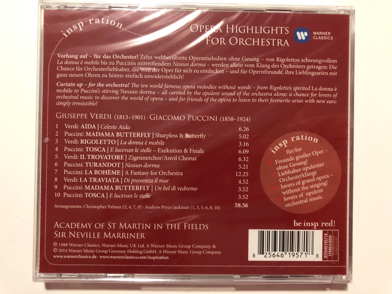 Opera Highlights For Orchestra - Verdi: Puccini / Inspiration / Academy of St Martin in the Fields, Marriner / Warner Classics Audio CD 2014 / 825646195718