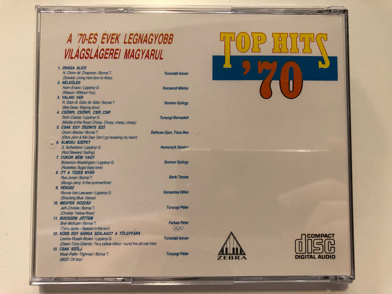 Top Hits '70 / Sailing, Without You, Season in the sun, Draga Alice, Valaki Vár, In the summer time - Itt A Tűzes Nyár / A 70-es Evek Legnagyobb Vilagslagerei Magyarul / Zebra Audio CD 1993 / MZ 076
