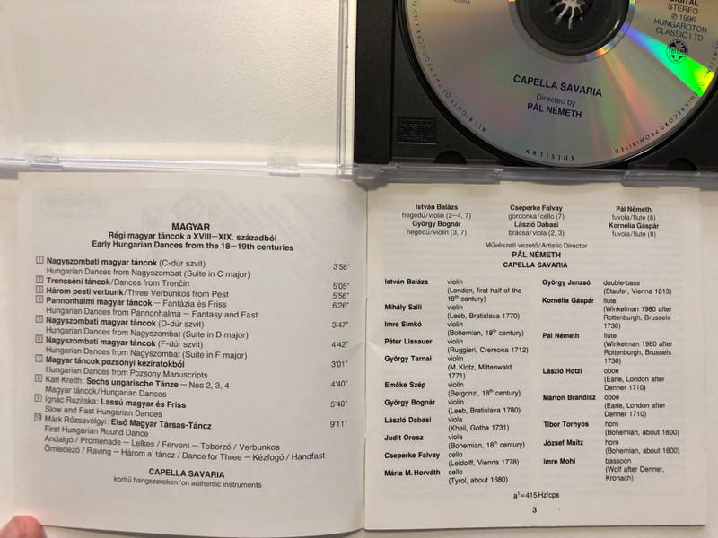 Early Hungarian Dances from the 18-19th Centuries: Capella Savaria, Pal Nemeth / Hungaroton Classic Audio CD 1996 Stereo / HCD 12885