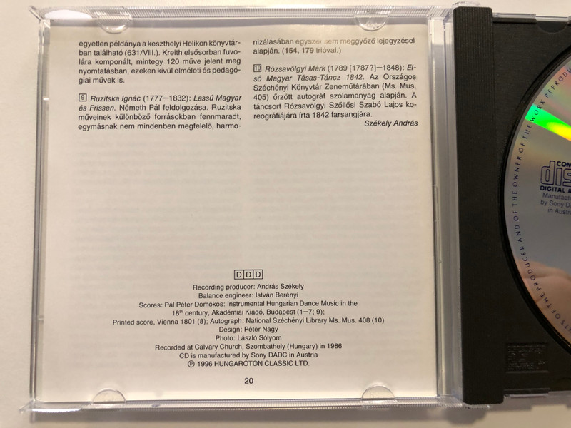 Early Hungarian Dances from the 18-19th Centuries: Capella Savaria, Pal Nemeth / Hungaroton Classic Audio CD 1996 Stereo / HCD 12885