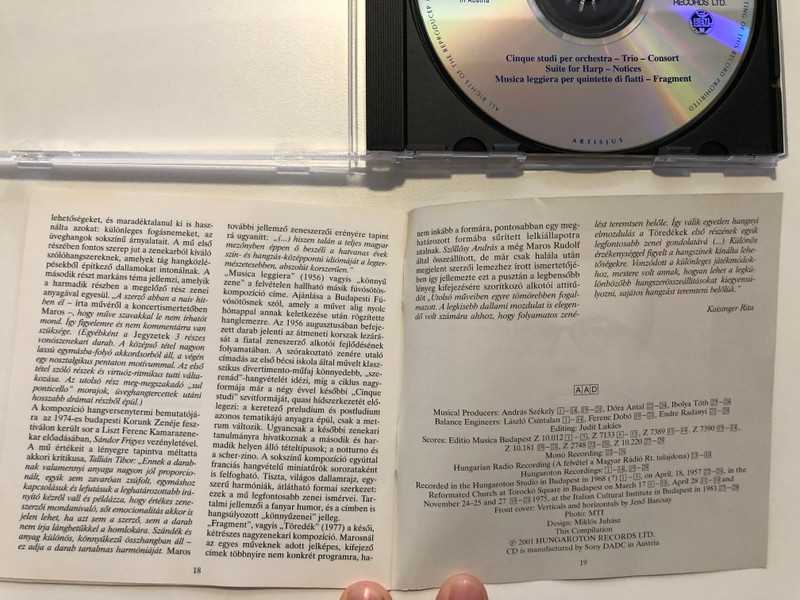 Rudolf Maros - Cinque studi, Trio, Consort, Suite for Harp, Notices, Musica leggiera, Fragment / Hungaroton Classic Audio CD 2001 Mono, Stereo / HCD 31984