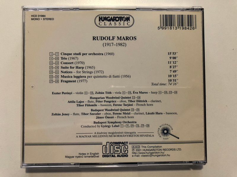 Rudolf Maros - Cinque studi, Trio, Consort, Suite for Harp, Notices, Musica leggiera, Fragment / Hungaroton Classic Audio CD 2001 Mono, Stereo / HCD 31984