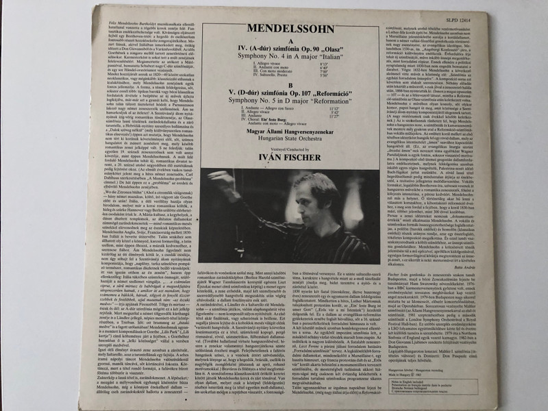Mendelssohn - Symphony No.4 <<Italian>>, Symphony No.5 <<Reformation>> / Hungarian State Orchestra, Iván Fischer / Hungaroton LP 1983 Stereo / SLPD 12414