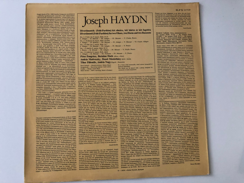 Joseph Haydn – Five Divertimenti / Péter Pongrácz, Bertalan Hock (oboes), András Medveczky, Dezső Mesterházy (horns), Tibor Fülemile, András Nagy (bassoons) / Hungaroton LP Stereo, Mono / SLPX 11719