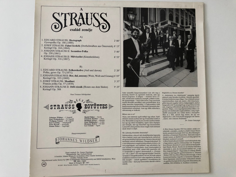 Josef, Johann II, Eduard Srauss - Falusi Fecskék, Bor,Dal,Asszony, Moulinet, Müvészélet, Déli Rózsák, Secunden Polka / Bécsi Strauss Együttes, Johannes Wildner / Hungaroton LP 1987 / SLPXL 31069