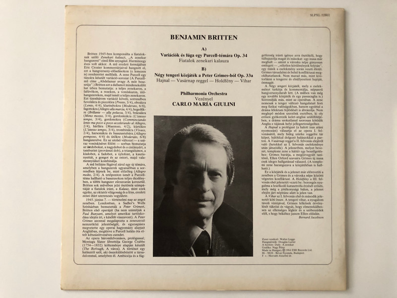 Britten - Fiatalok Zenekari Kalauza - Variációk és Fuga Egy Purcell-témára - Négy Tengeri Közjáték A Peter Grimes-ból / Philharmonia Orchestra, Carlo Maria Giulini / Hungaroton LP Stereo / SLPXL 12801