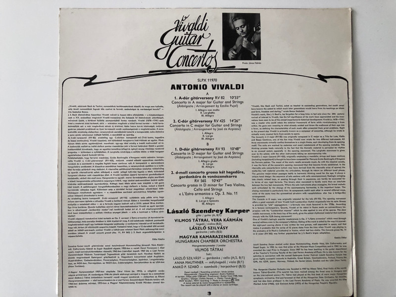 Vivaldi – Guitar Concertos / László Szendrey Karper, Hungarian Chamber Orchestra , Leader: Vilmos Tátrai / Hungaroton LP 1979 Stereo / SLPX 11970