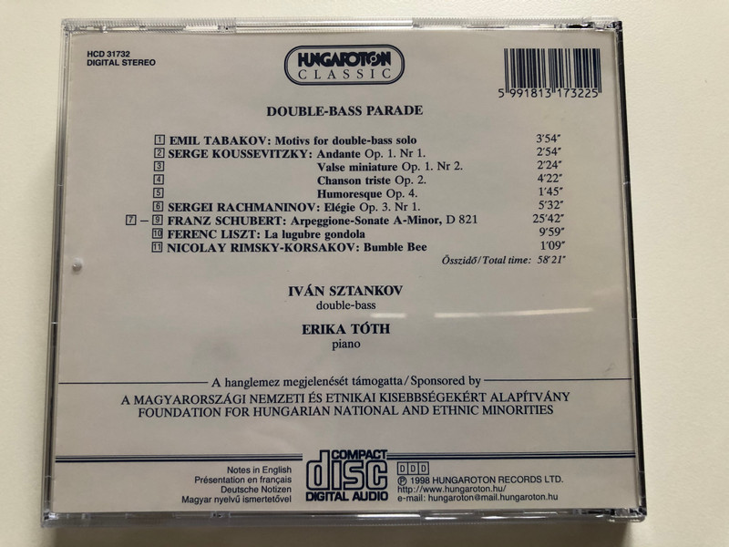 Double Bass Parade - Koussevitzky, Tabakov, Rachmaninoff, Schubert, Liszt, Rimsky-Korsakov / Iván Sztankov - double bass, Erika Tóth - piano / Hungaroton Classic Audio CD 1998 Stereo / HCD 31732