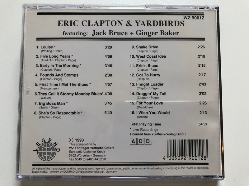 Eric Clapton & Yardbirds / Early In The Morning, Snake Drive, Freight Loader, For Your Love, and many more... / Legend Audio CD 1993 / WZ 90012
