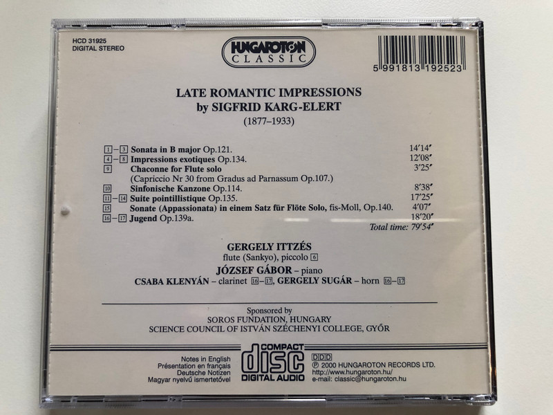 Late Romantic Impressions by Sigfrid Karg-Elert / Gergely Ittzes - flute, Jozsef Gabor - piano / Hungaroton Classic Audio CD 2000 Stereo / HCD 31925