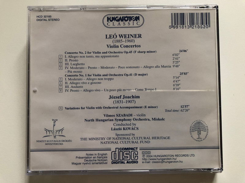 Weiner - Violin Concertos, Joachim: Variations for Violin & Orchestra / Vilmos Szabadi, North Hungarian Symphony Orchestra, Miskolc, Laszlo Kovacs / Hungaroton Classic Audio CD 2004 Stereo / HCD 32185