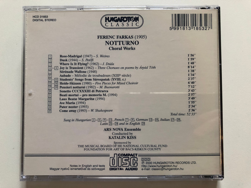 Ferenc Farkas - Notturno (Choral Works) / Ars Nova, Conducted By Katalin Kiss / Hungaroton Classic Audio CD 2000 Stereo / HCD 31853
