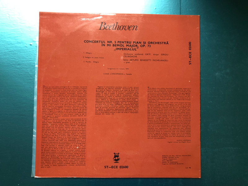 Arturo Benedetti Michelangeli (piano) - Beethoven - Concerto No.5 For Piano And Orchestra "Emperor" / ORTF Orchestra, Cond. Sergiu Celibidache / Electrecord LP Stereo / ST-ECE 02600