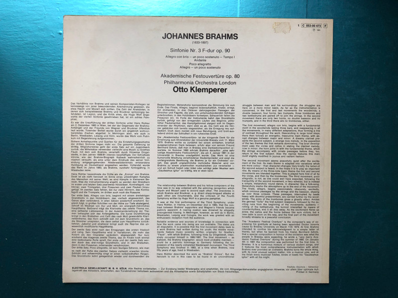 Brahms - Sinfonie Nr. 3 F-dur op. 90, Akademische Festouvertüre op. 80 / Klemperer, Philharmonia Orchestra / EMI Electrola LP 1961 Stereo / 1C 053-00 473