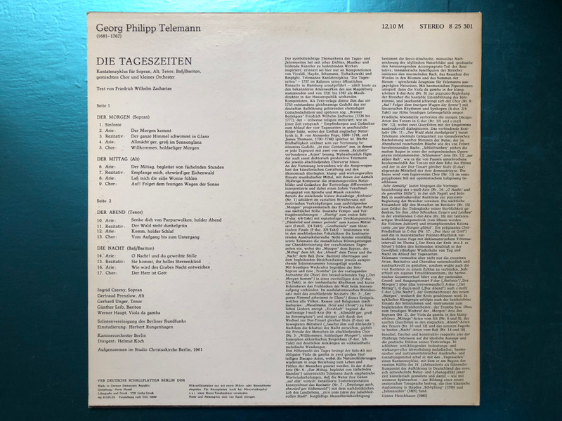 Georg Philipp Telemann – Die Tageszeiten (Kantate) / ETERNA LP 1980 Stereo / 8 25 301