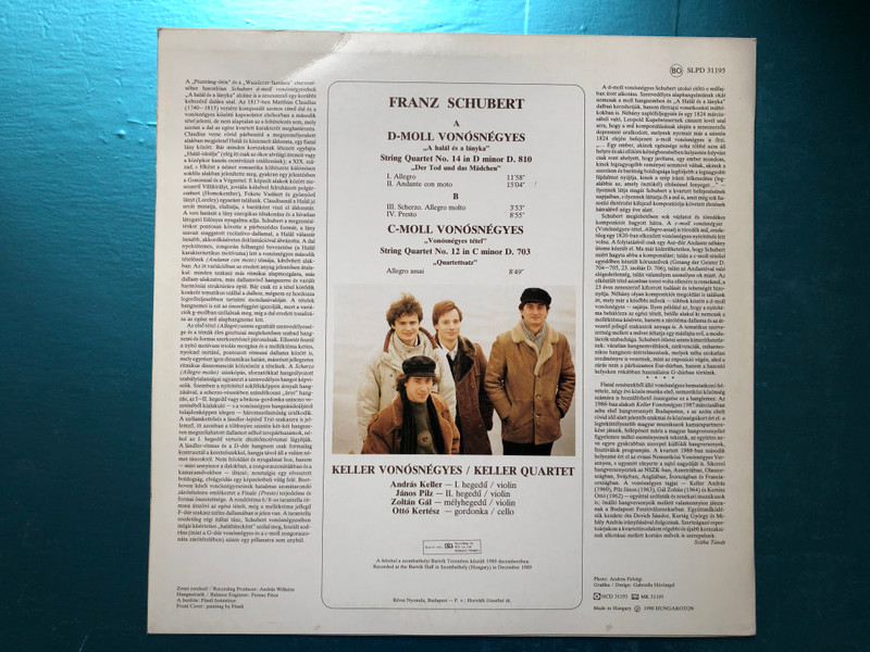 Franz Schubert - String Quartets / No. 14 In D Minor "Der Tod Und Das Mädchen", No. 12 In C Minor "Quartettsatz" / Keller Quartet / Hungaroton LP Stereo 1990 / SLPD 31195