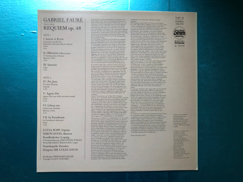 Gabriel Fauré - Requiem / Lucia Popp, Simon Estes, Rundfunkchor Leipzig, Staatskapelle Dresden, Sir Colin Davis / ETERNA LP 1987 Stereo / 725 079