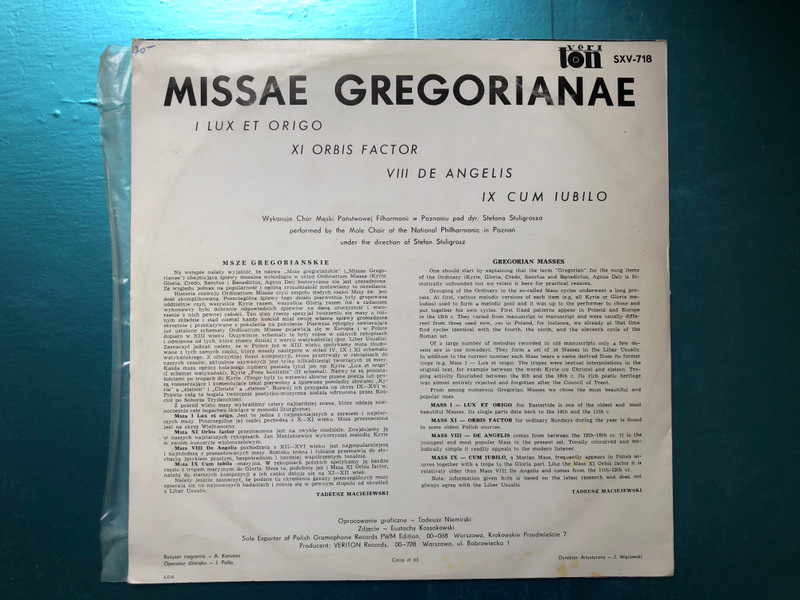 Missae Gregorianae / I. Lux Et Origo, XI. Orbis Factor, VIII. De Angelis, IX Cum Jubilo / Veriton LP Stereo / SXV-718