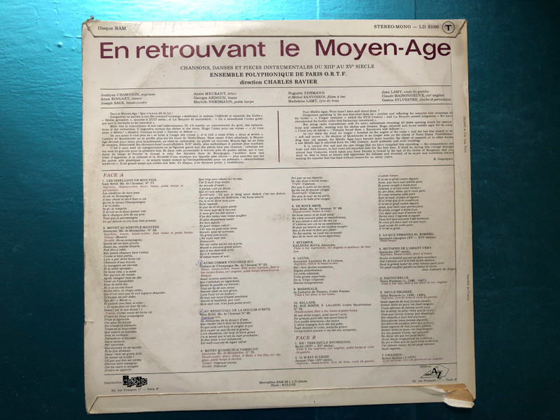 En Retrouvant Le Moyen-Âge / Chansons, danses et pieces instrumentales du XIII au XV siecle / Ensemble Polyphonique De Paris, direction Charles Ravier / BAM LP Stereo, Mono / LD 5100
