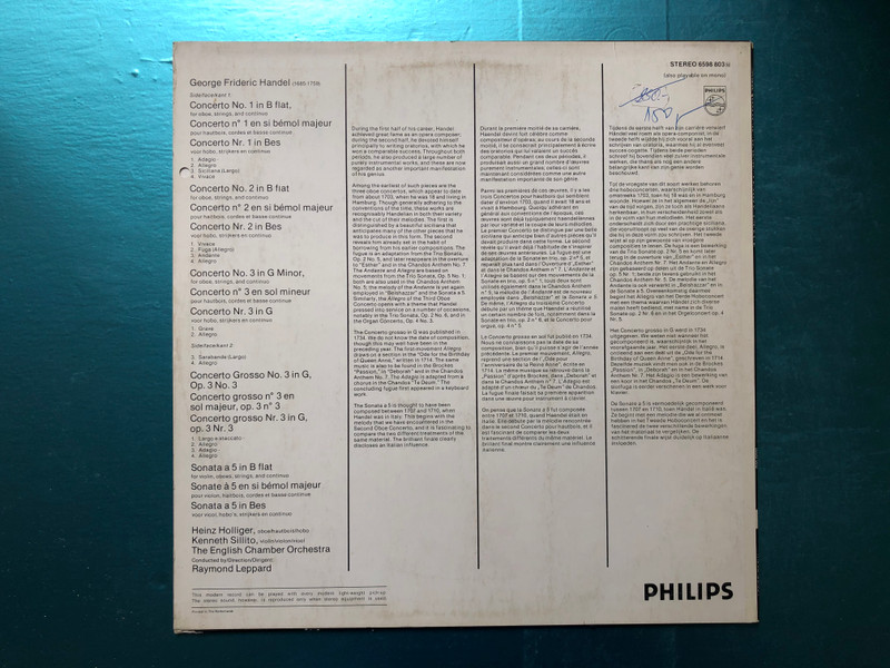 Handel - 3 Concertos For Oboe, Concerto Grosso Op.3 No.3, Sonata A 5 In B Flat / Heinz Holliger, English Chamber Orchestra, Raymond Leppard / The Classics 7 / Philips LP Stereo / 6598 803