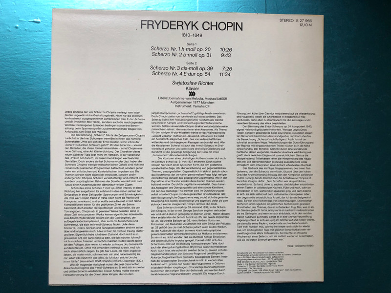 Chopin - Vier Scherzos / Swjatoslaw Richter / ETERNA LP 1986 Stereo / 8 27 966