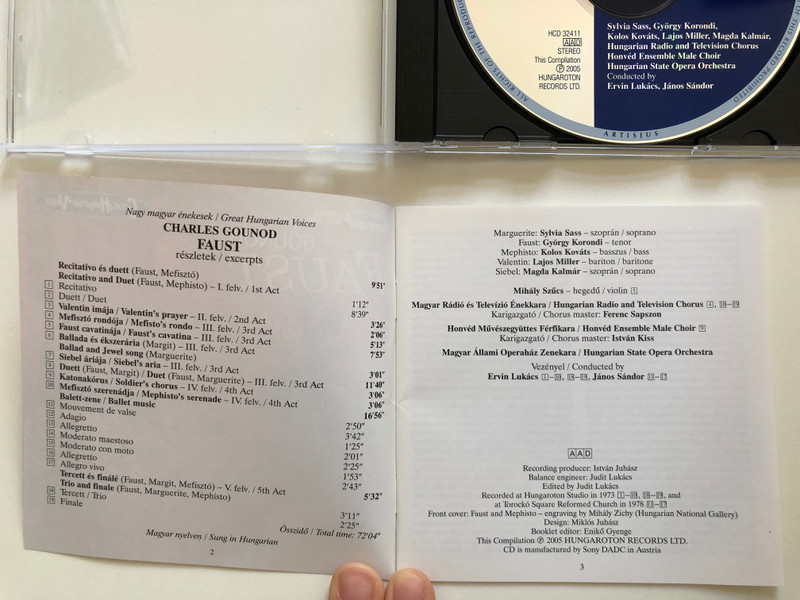 Gounod Faust (excerpts) / Sylvia Sass, Gyorgy Korondi, Kolos Kovats, Magda Kalmar, Lajos Miller / Conducted by Ervin Lukacs, Janos Sandor / Hungaroton Classic Audio CD 2005 Stereo / HCD 32411