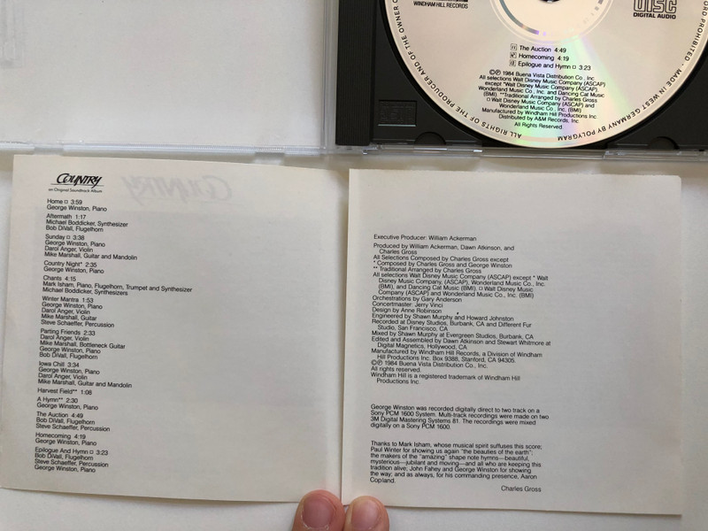 Country (An Original Soundtrack Album) / Composed and Conducted by Charles Gross / Featuring Windham Hill Artists, George Winston, Darol Anger, Mark Isham and Mike Marshall / Windham Hill Records Audio CD 1984 / WD-1039