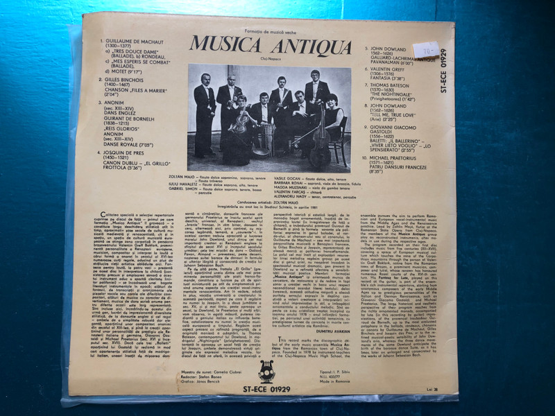 Musica Antiqua / Guillaume de Machaut, Gilles Binchois, Guirant de Bornelh, Josquin de Pres, John Dowland, Valentin Greff Bakfark, Thomas Bateson, Giovanni Giacomo Gastoldi / Electrecord LP 1981 Stereo / ST-ECE 01929