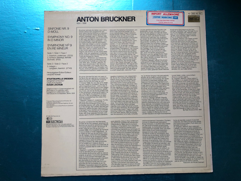 Bruckner - Sinfonie Nr. 9 / Eugen Jochum, Staatskapelle Dresden / EMI Electrola LP 1982 Stereo / 1C 063-43 197