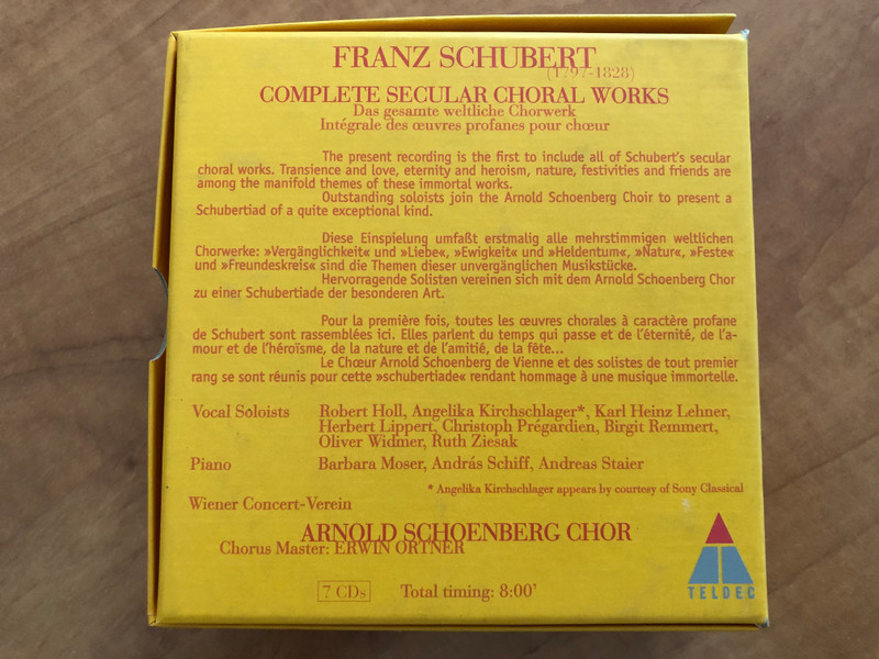 Schubert - Complete Secular Choral Works / Arnold Schoenberg Chor, Erwin Ortner, Wiener Concert-Verein / Barbara Moser, Andras Schiff, Andreas Staier, Angelika Kirchschlager / TELDEC 7x Audio CD, Box Set / 4509-94546-2