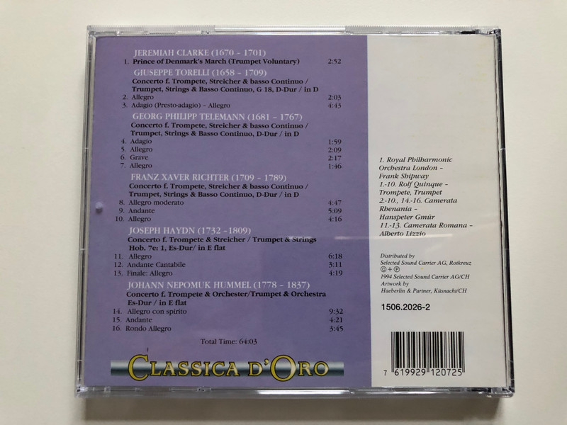 Classica D'Oro / Brilliante Trompetenkonzerte - Brilliant Trumpet Concerts / Clarke, Torelli, Telemann, Haydn, Richter, Hummel / Rolf Quinque - trumpet / Selected Sound Carrier AG Audio CD 1994 / 1506.2026-2