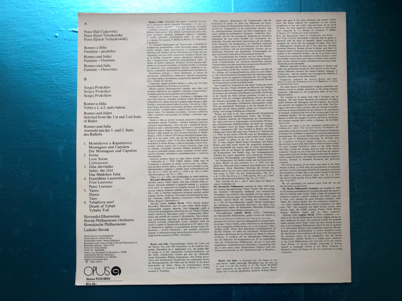 Tchaikovsky, Prokofiev - Romeo And Juliet / Slovak Philharmonic Orchestra, Ladislav Slovák / Opus LP 1980 Stereo / 9110 0810