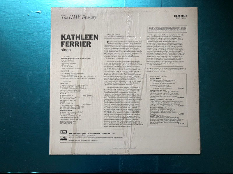 Kathleen Ferrier sings Kindertotenlieder (Mahler), & Songs and Duets (with Isobel Baillie) / The HMV Treasury / His Master's Voice LP 1972 Stereo, Mono / HLM 7002