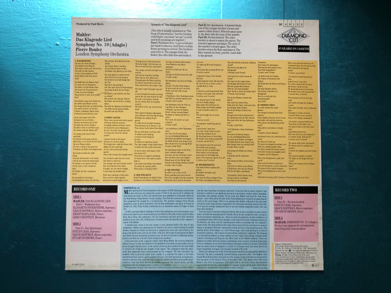 Mahler - Das Klagende Lied, Symphony No. 10 (Adagio) / Pierre Boulez, Elizabeth Soederstroem, Grace Hoffman, Stuart Burrows, Gerd Nienstedt, Ernst Haefliger / London Symphony Chorus / Diamond Cut 2x LP 1985 / DC 40155