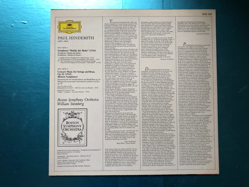 Paul Hindemith - Symphonie "Mathis Der Maler", Konzertmusik Für Streichorchester Und Blechbläser, Op. 50 = Concert Music For Strings And Brass, Op. 50 / Boston Symphony Orchestra / Deutsche Grammophon LP Stereo / 2530 246